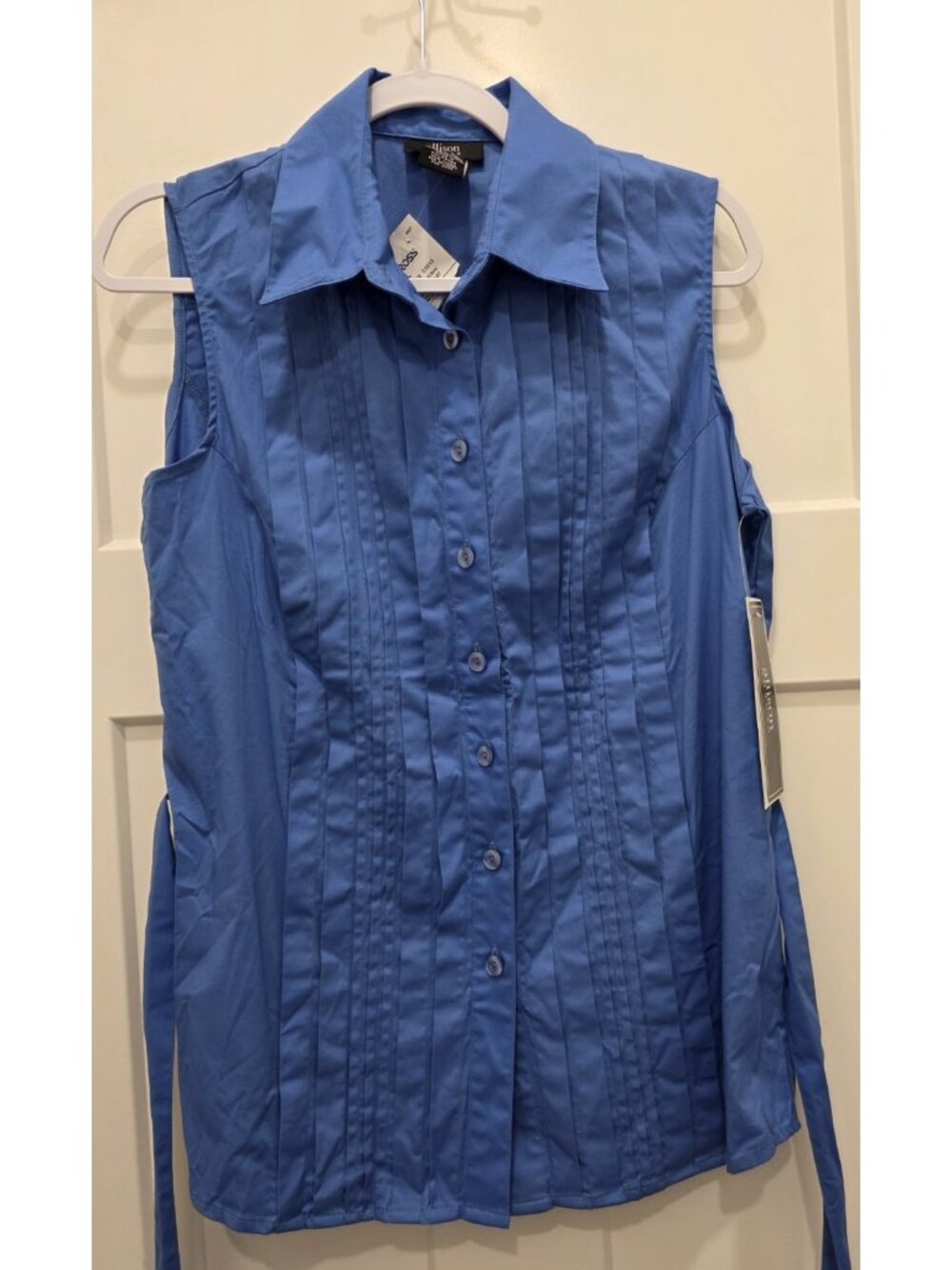 Allison Morgan Royal Blue Sleeveless Button Up Pintuck Front Belted Top Large